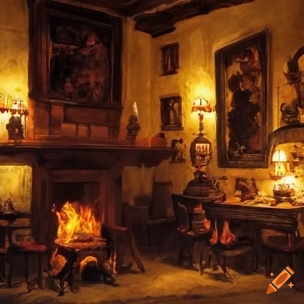 painting of a medieval inn parlor with warm firelight