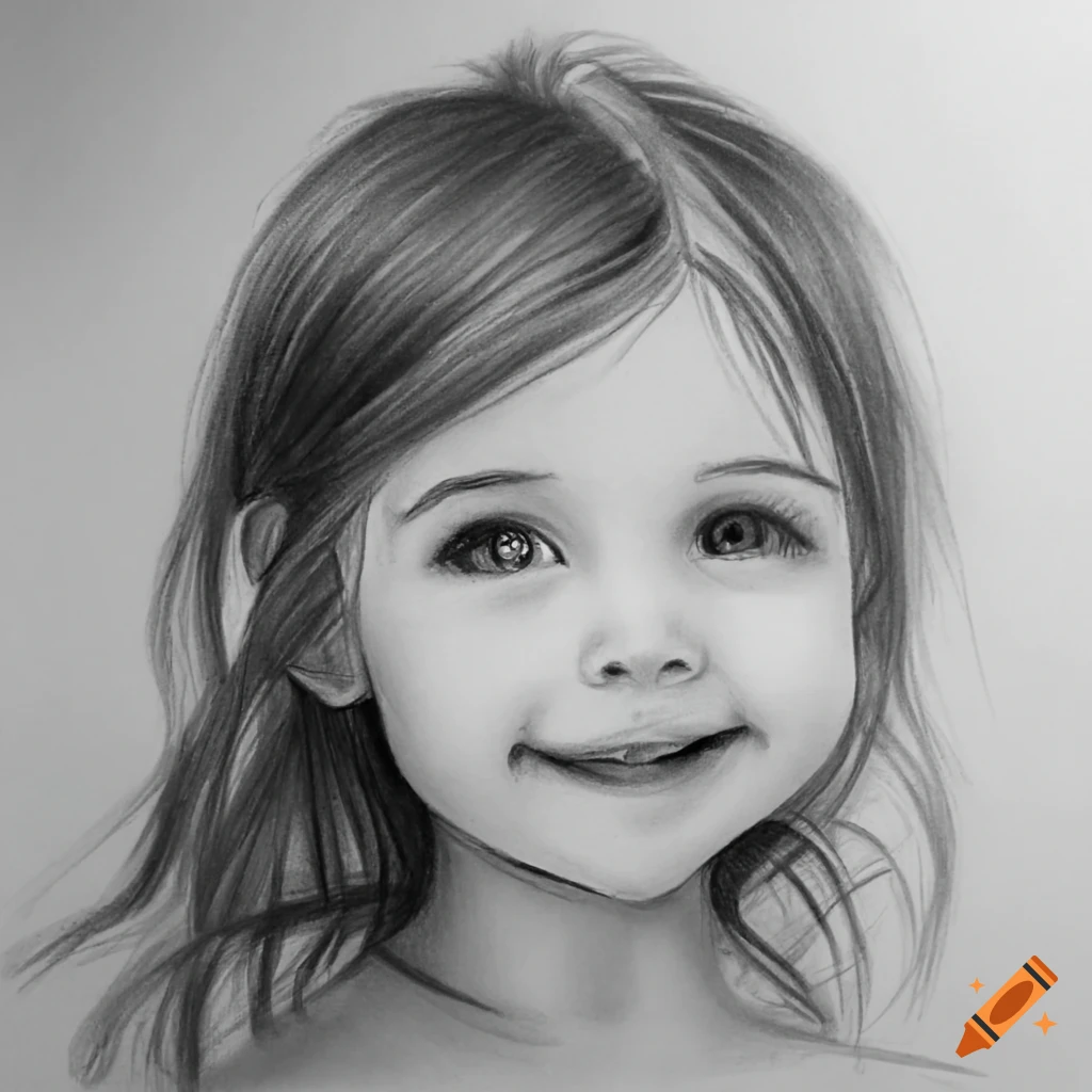 Pencil drawing of a smiling little girl with big eyes