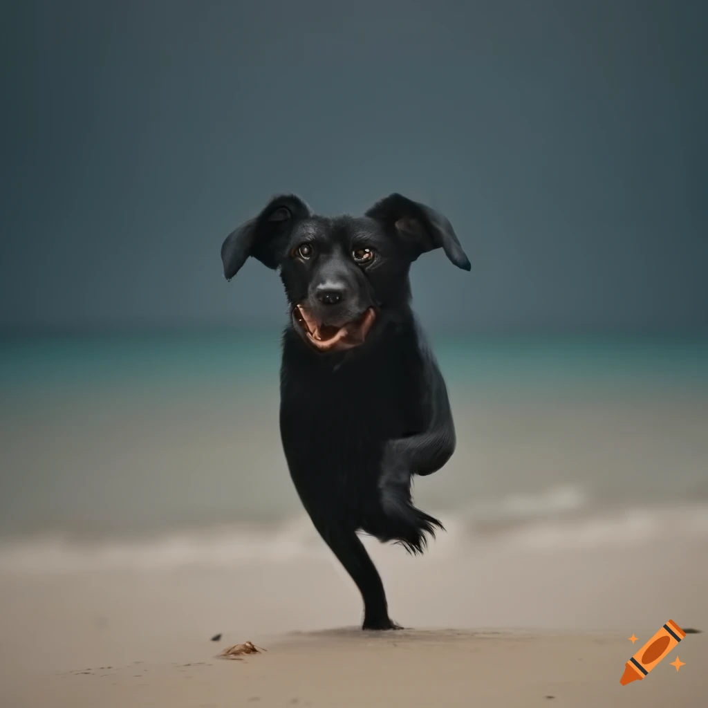 black dog dancing on the beach under stormy weather