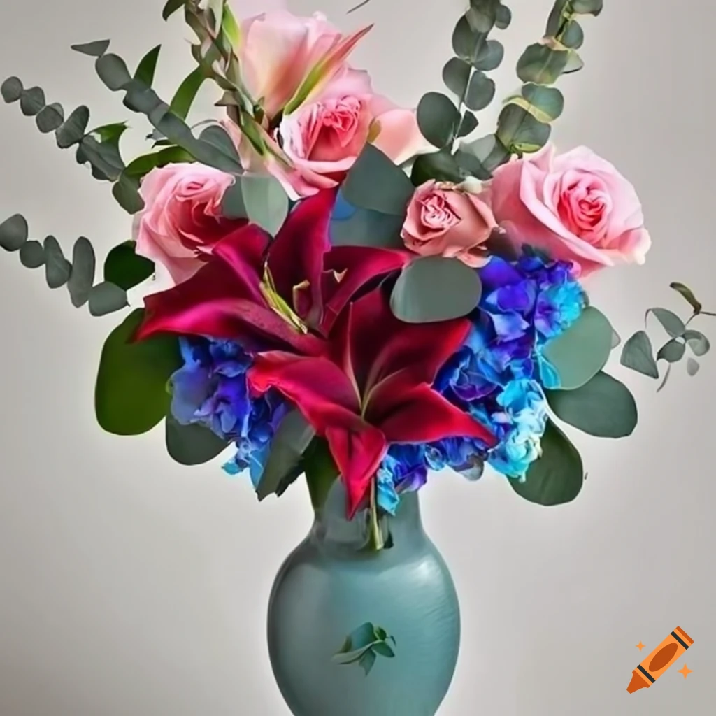 Pink roses, blue gladiolus, and burgundy lilies in a tall vase on Craiyon