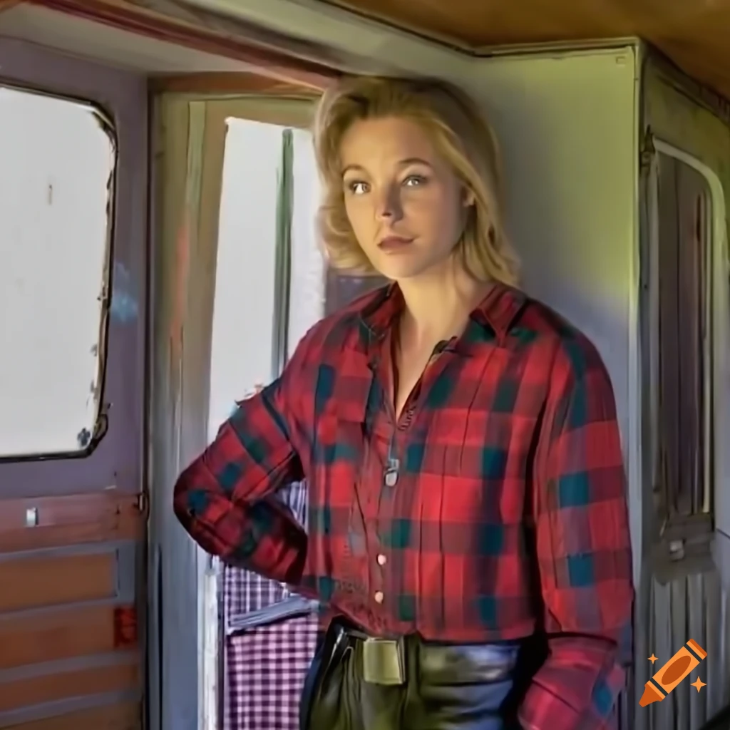 actress lookalike standing in front of a caravan doorway