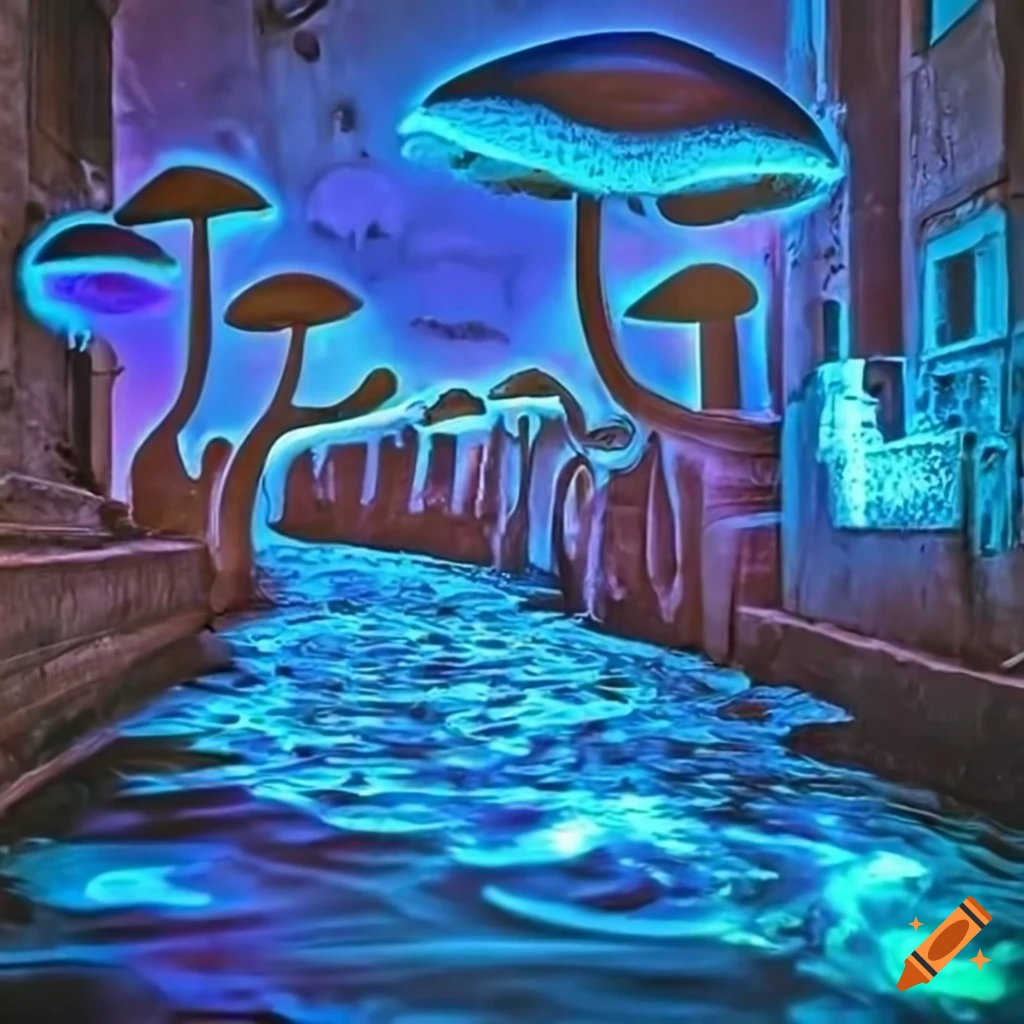 bioluminescent mushrooms illuminating a street in Venice