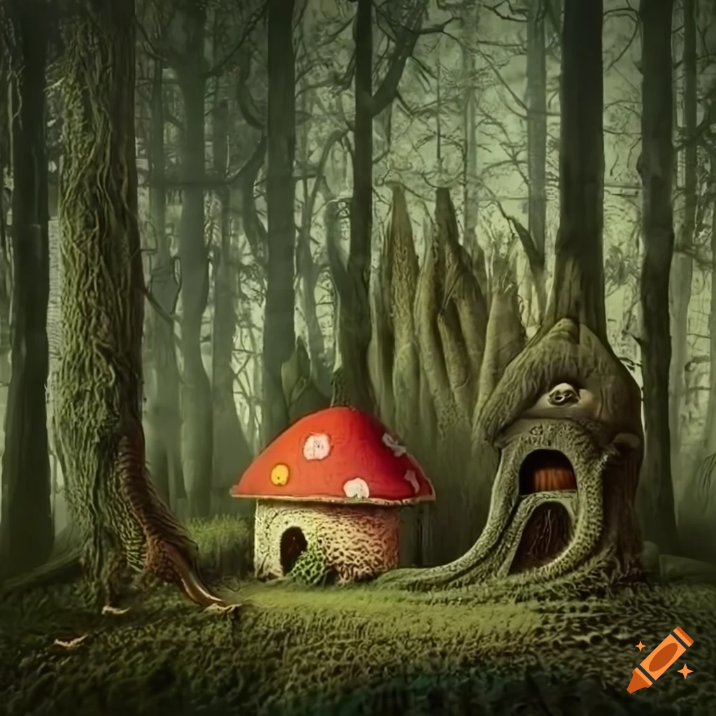 hyperealistic artwork of a mushroom house and a sloth in a dystopian forest