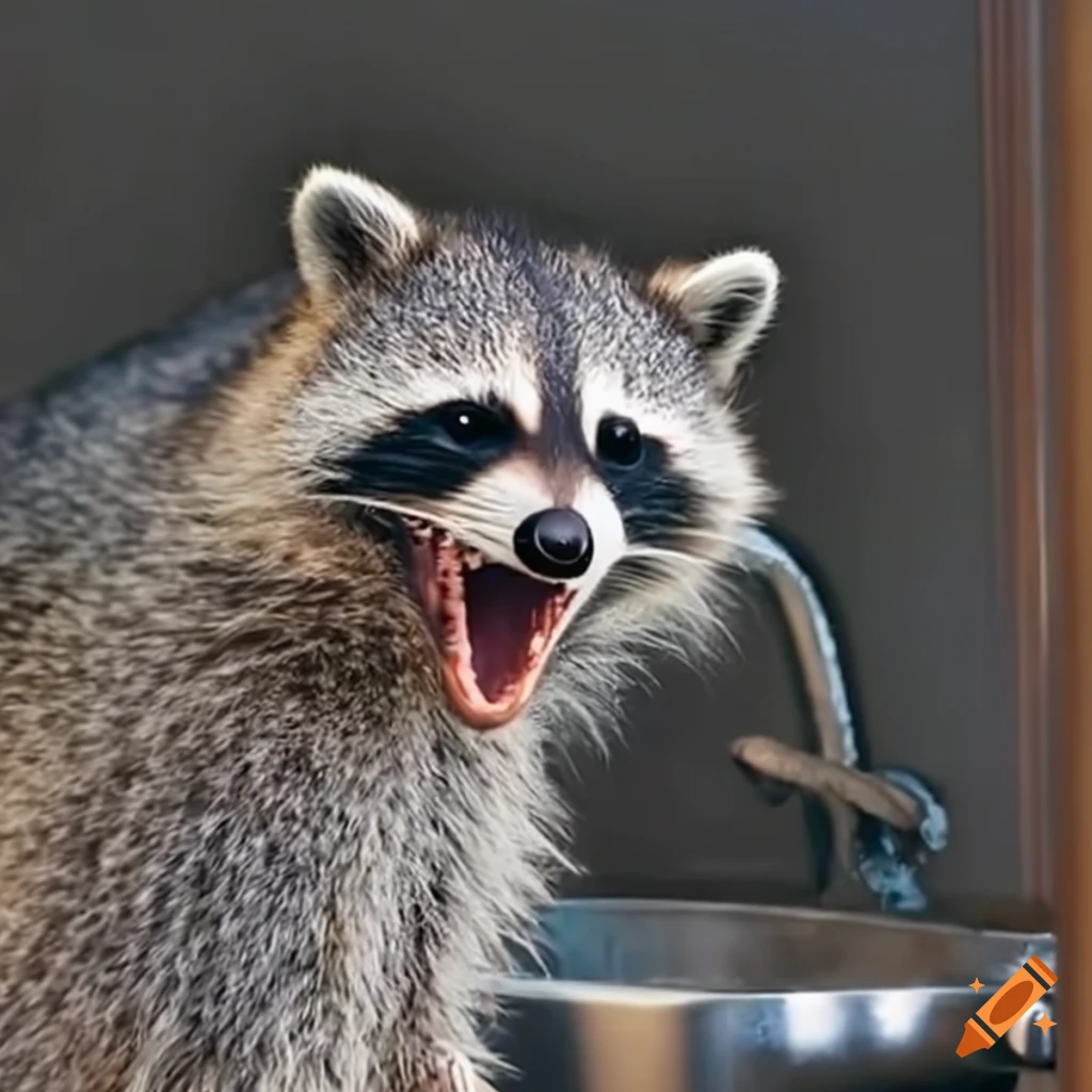 raccoon near a sink full of water
