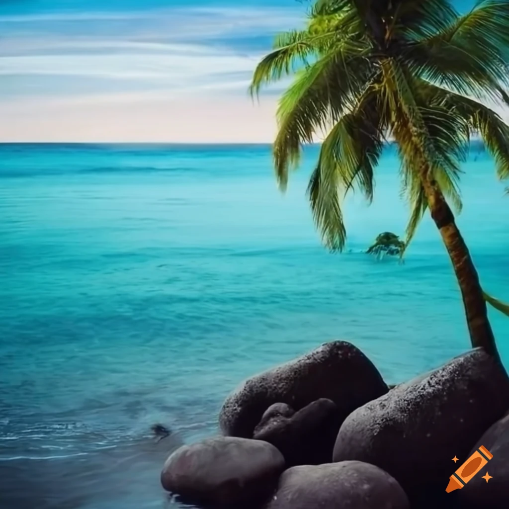 Coconut Tree On A Beach With Rocks On Craiyon