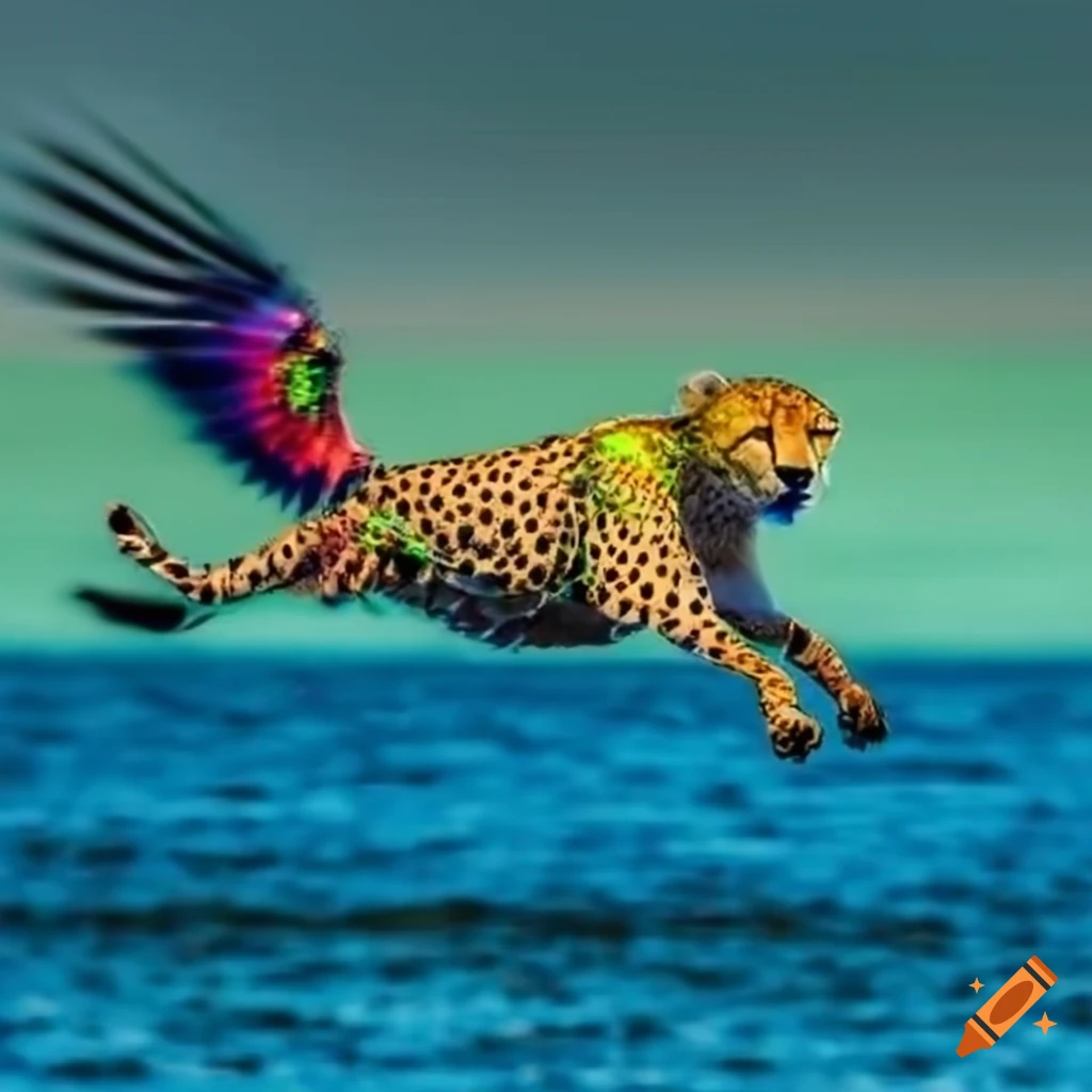 Psychedelic rainbow cheetah flying over the sea on Craiyon