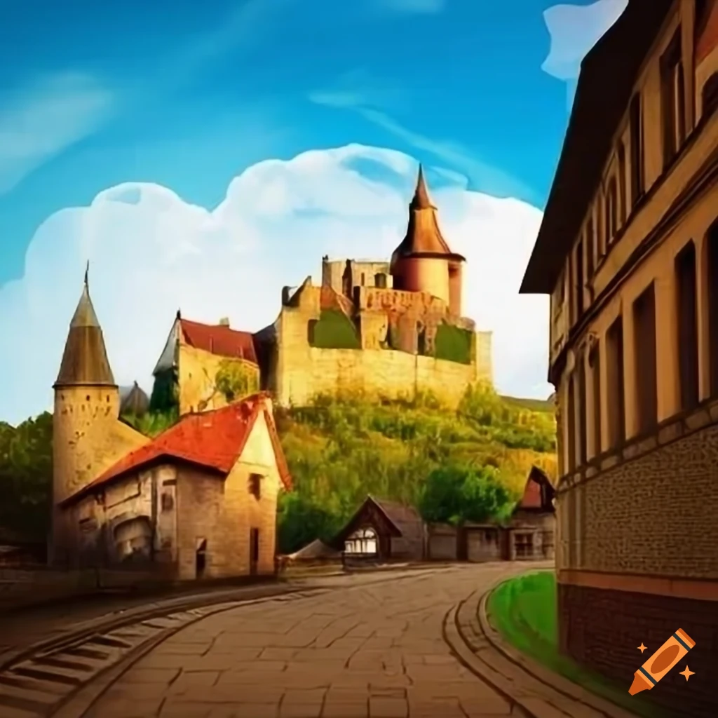 Medieval town with a castle in the background on Craiyon