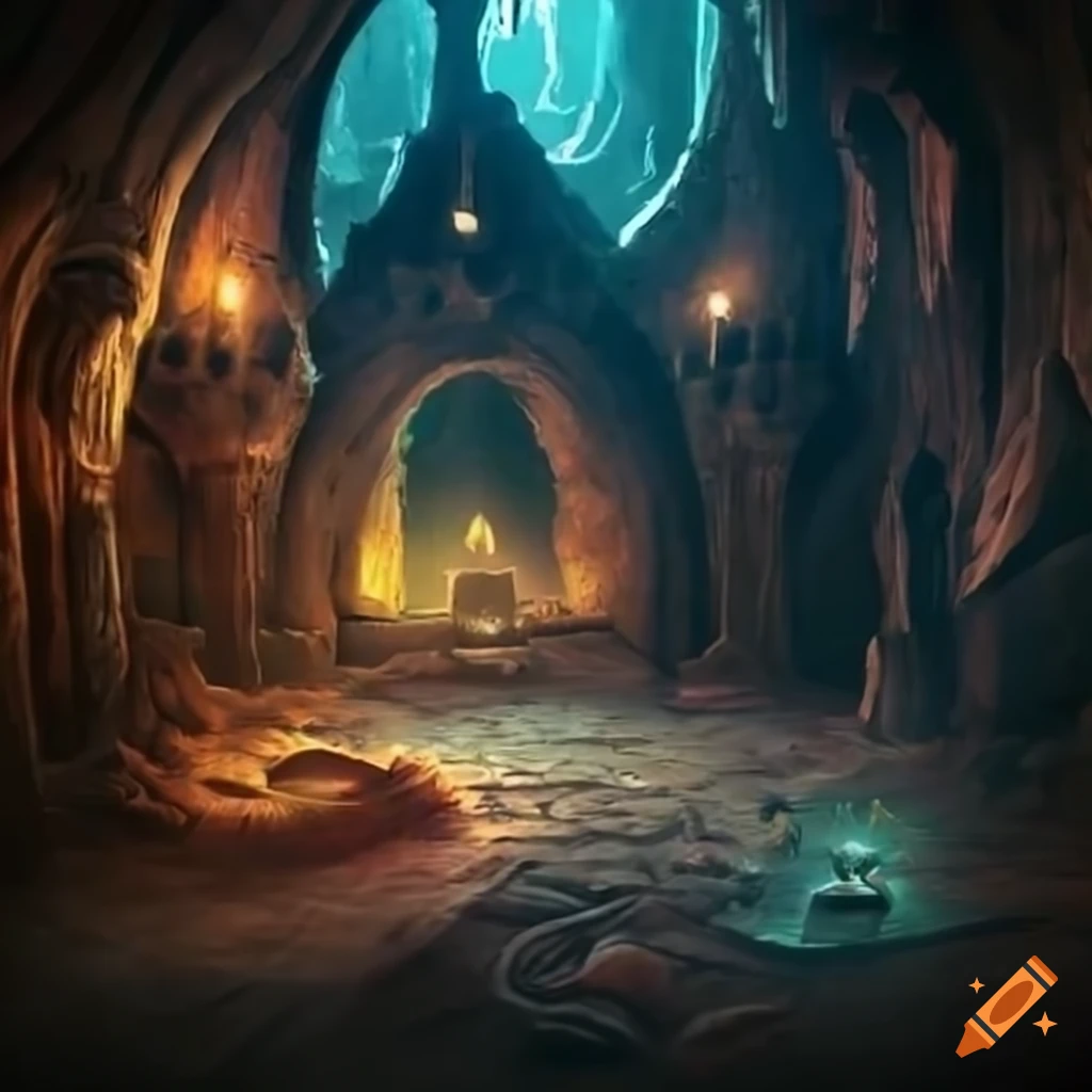 Interior of a fantasy underground hideout on Craiyon