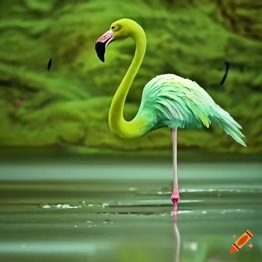 Green moss scenery with a flamingo