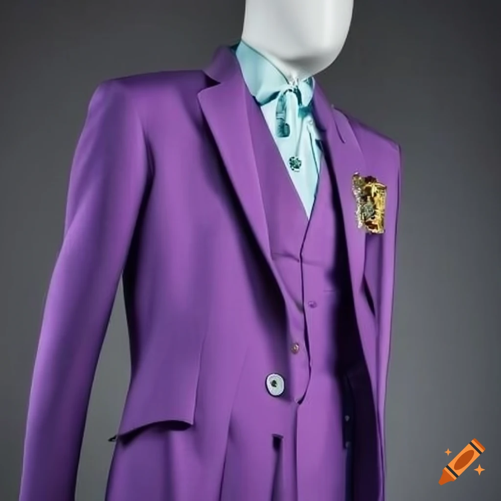 Purple suit with turquoise accents on a mannequin on Craiyon