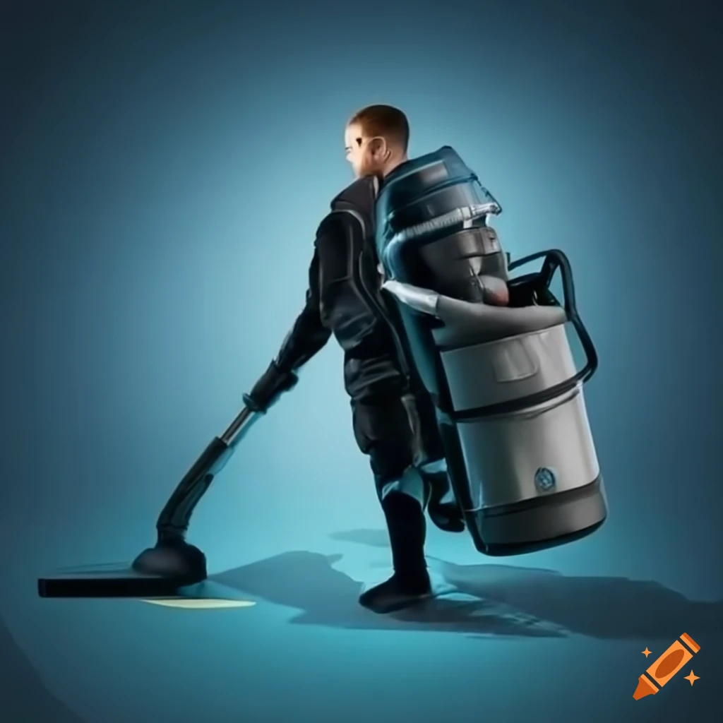 Man with a jet pack using vacuum cleaner in a storm on Craiyon