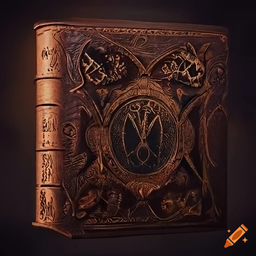 close-up of a realistic leather book with magic symbols