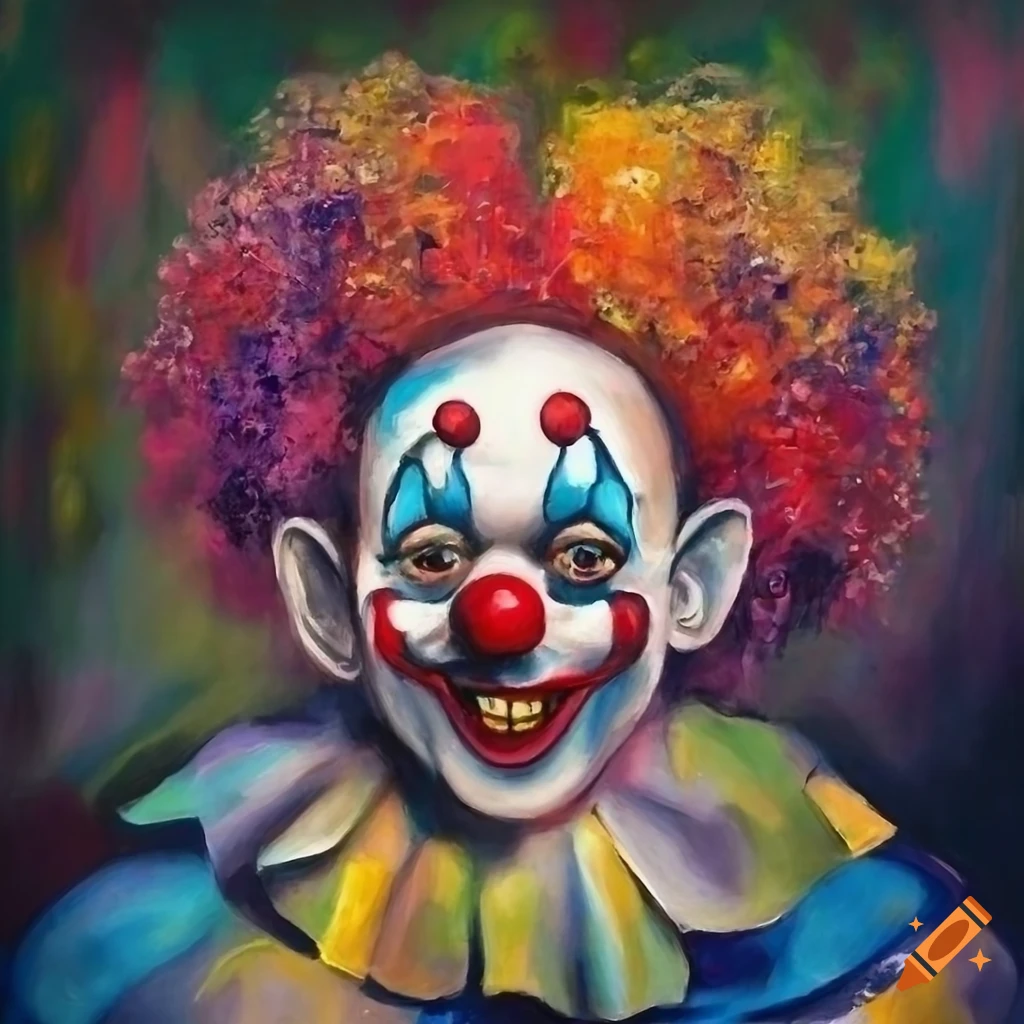 surrealistic painting of a cruel circus clown on stage