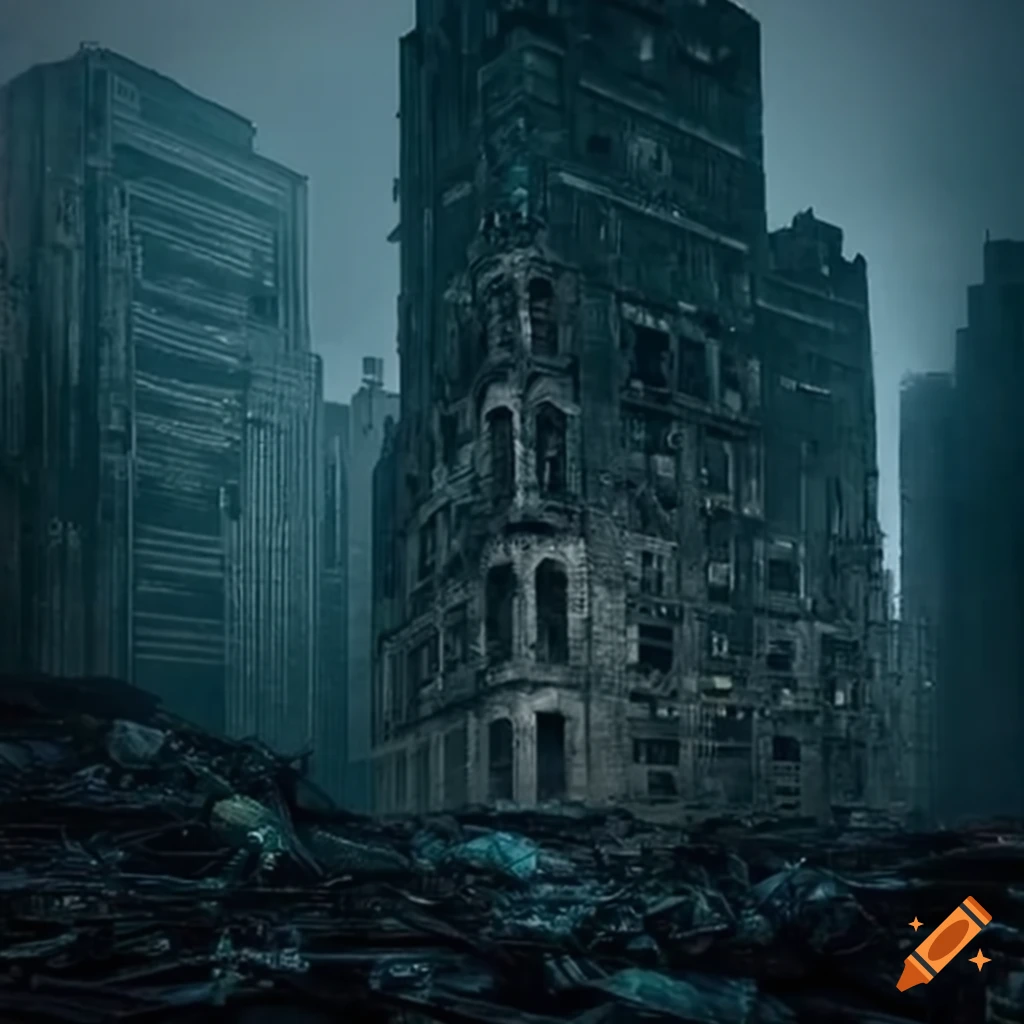 Cityscape of a dark and polluted apocalyptic city on Craiyon