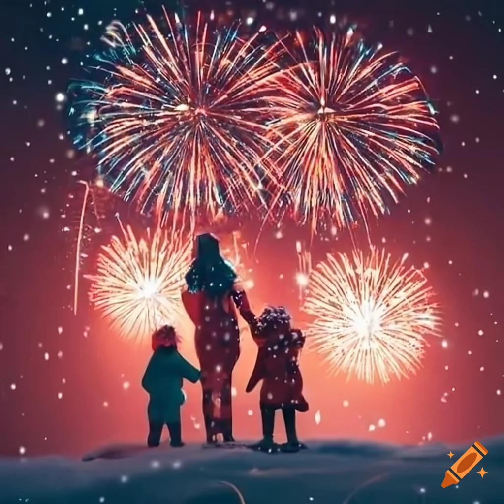 family-watching-fireworks-on-a-snowy-night