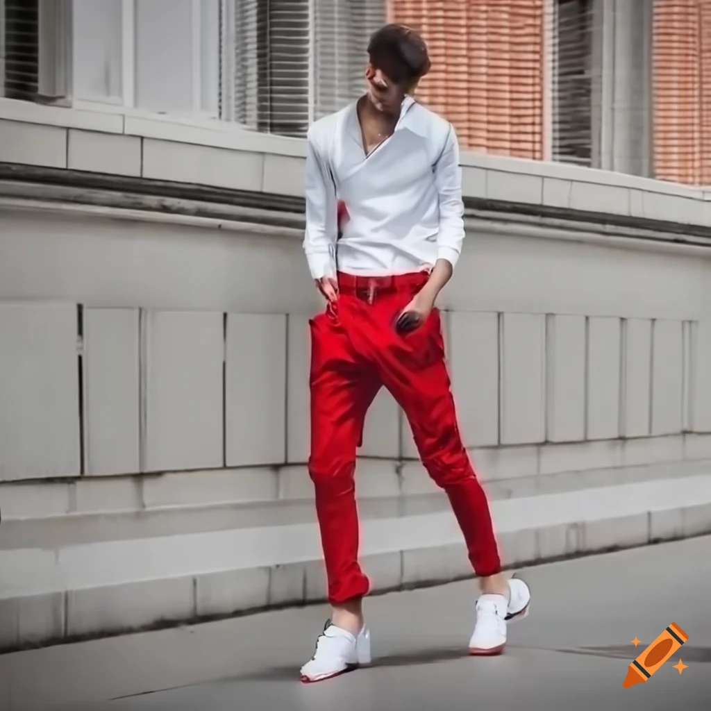 Stylish male model in white shirt and red pants on Craiyon
