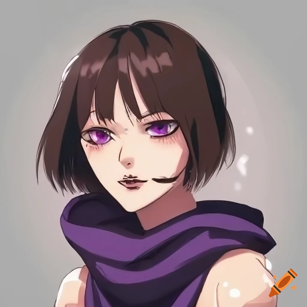 Badass anime woman with dark brown hair and purple eyes on Craiyon