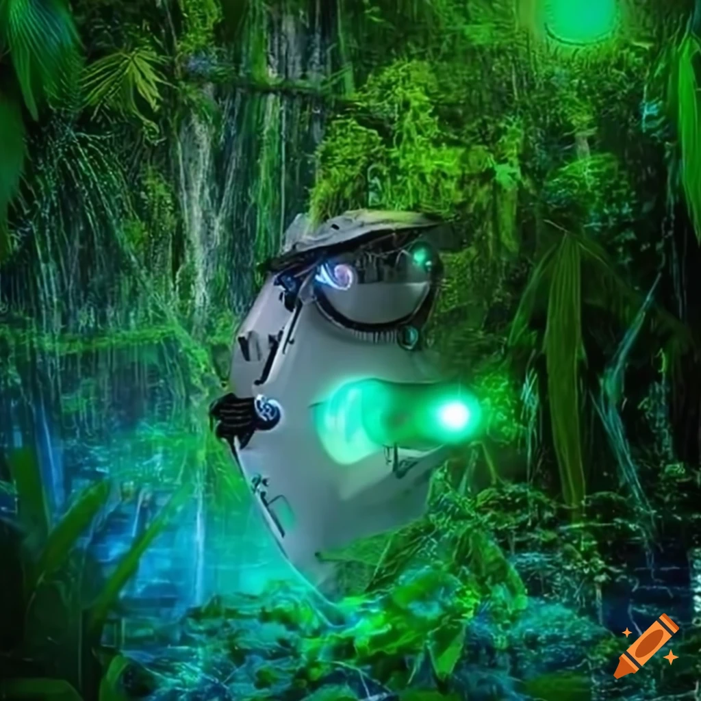 Robot with green laser eyes in a tropical forest