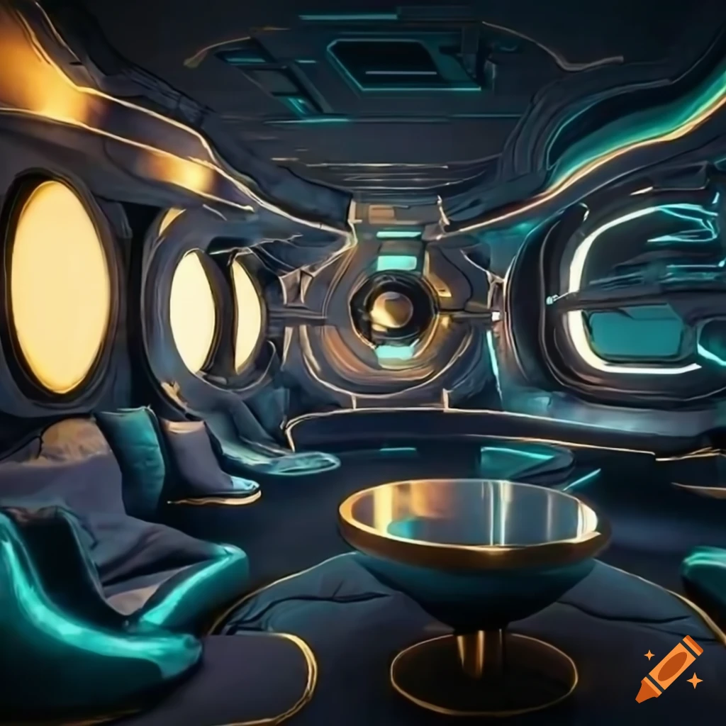 Futuristic spaceship lounge with bar and window
