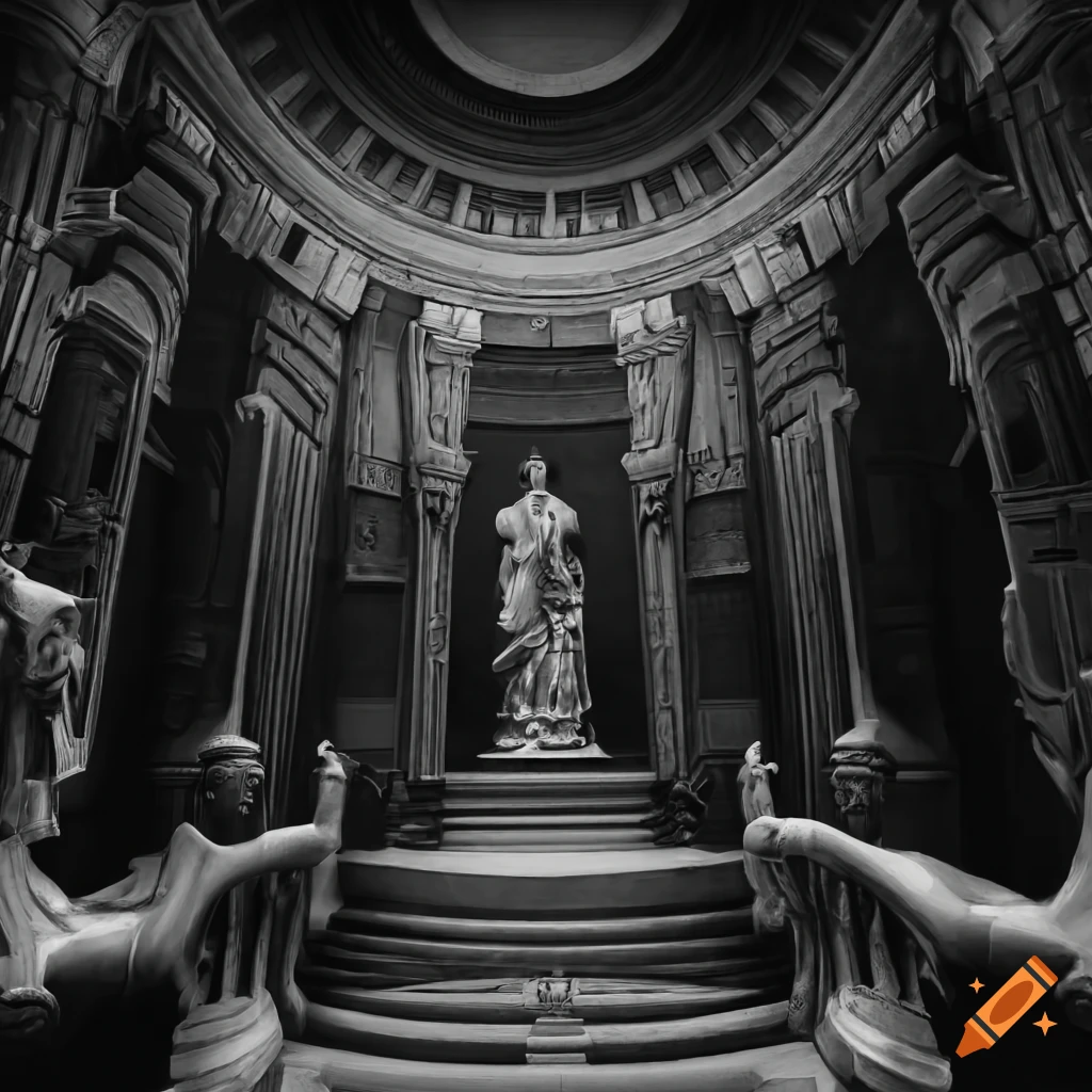 black and white sci-fi temple interior with guard statues