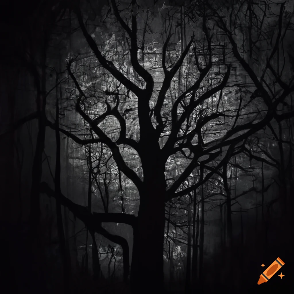 black graffiti of a tree in a forest