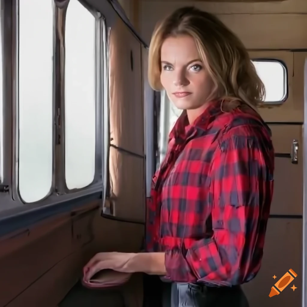 actress lookalike standing in front of a caravan doorway