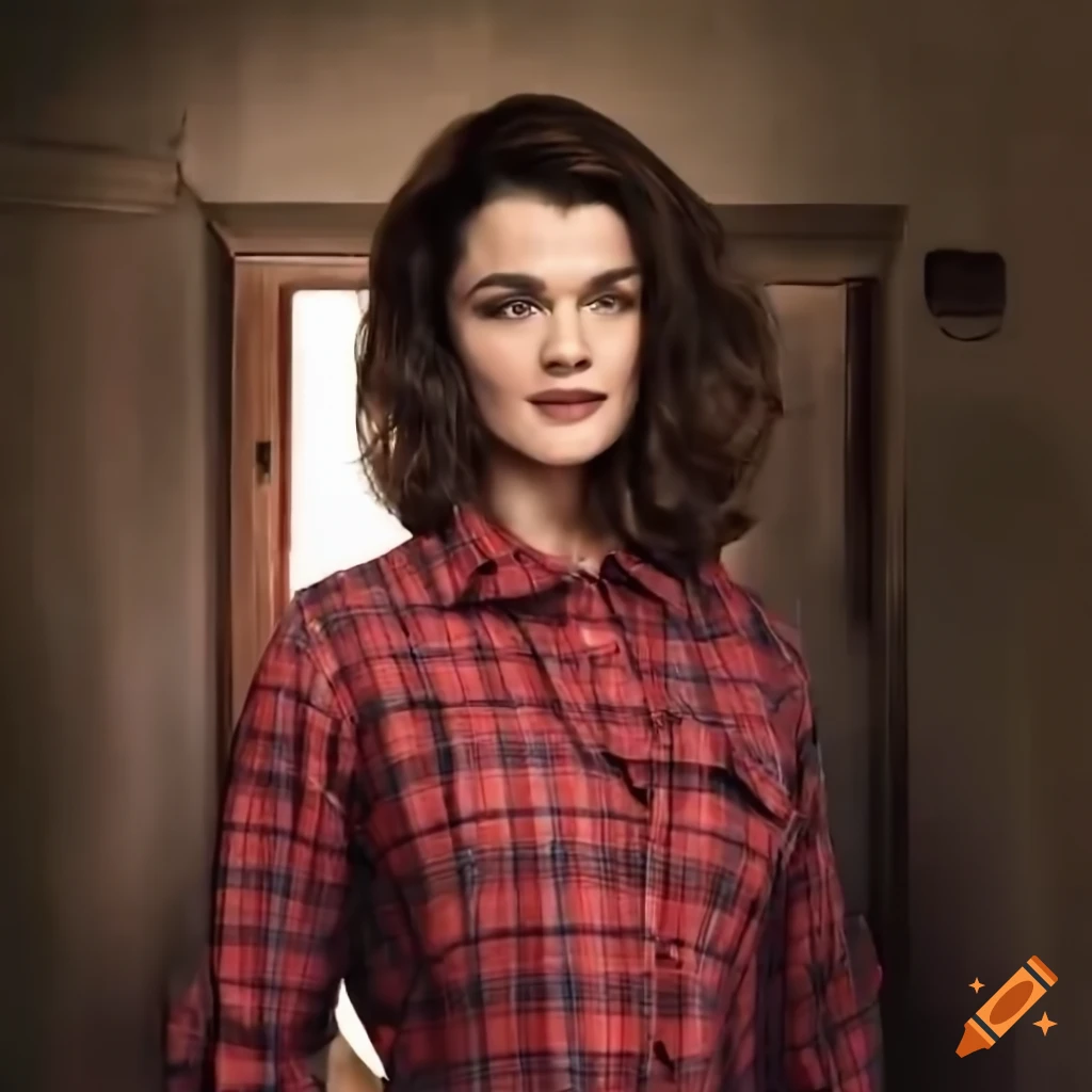  Photorealistic image of a young actress with messy hair and plaid shirt ...