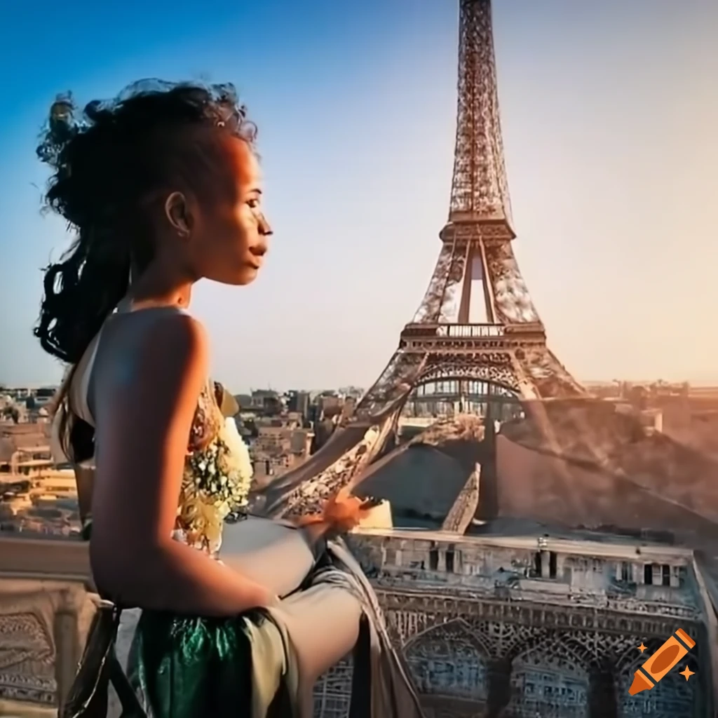 photograph of Eiffel Tower with a Malagasy woman