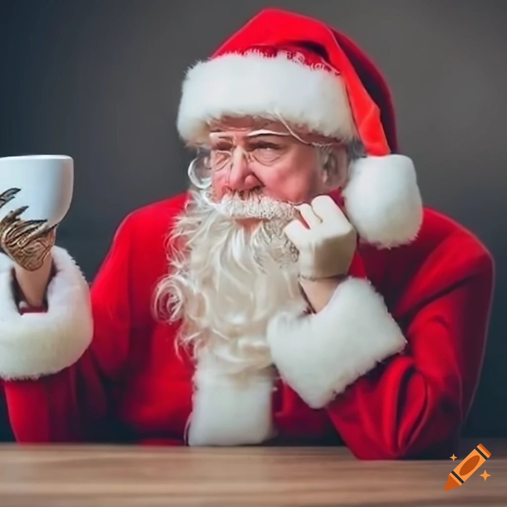 Santa claus drinking coffee with a concerned expression on Craiyon