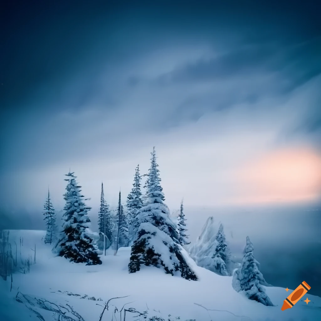 Winter landscape with snowy trees and person on a hill on Craiyon