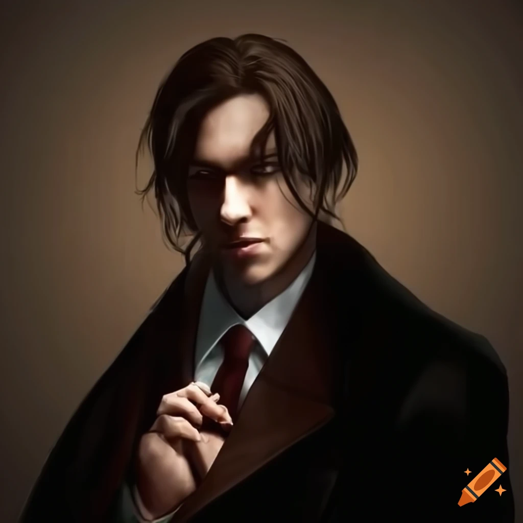 spy-style portrait of a young dark-haired man in a suit