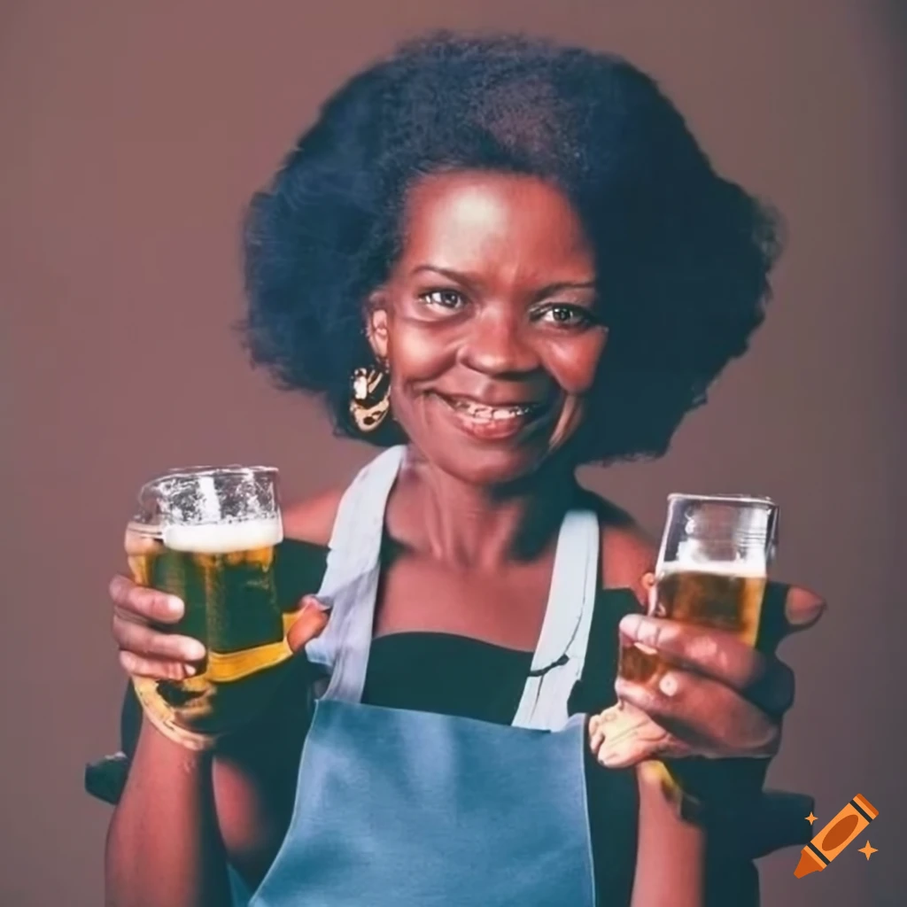Portrait of a female brewer holding beers in a pub on Craiyon
