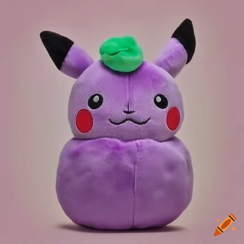 purple pikachu plushie with mangosteen fruit on its head