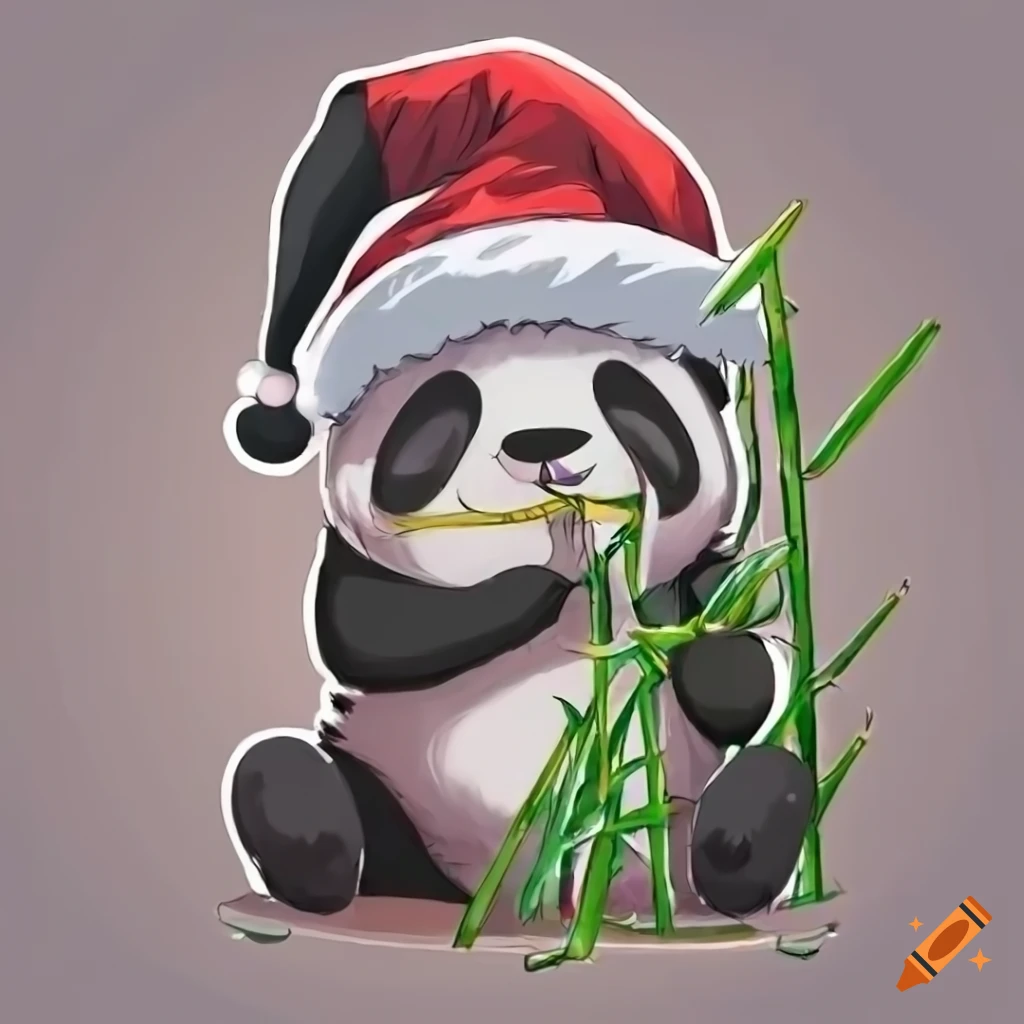 Anime panda eating bamboo wearing santa hat