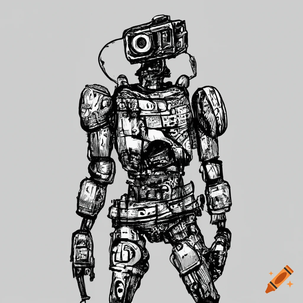 black ink drawing of a post-apocalyptic standing robot
