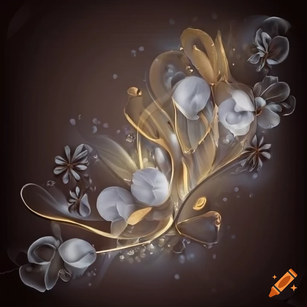 abstract artwork of transparent leaves and flowers on silver background