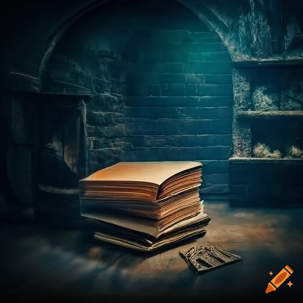 photo of a leather book in a medieval cellar