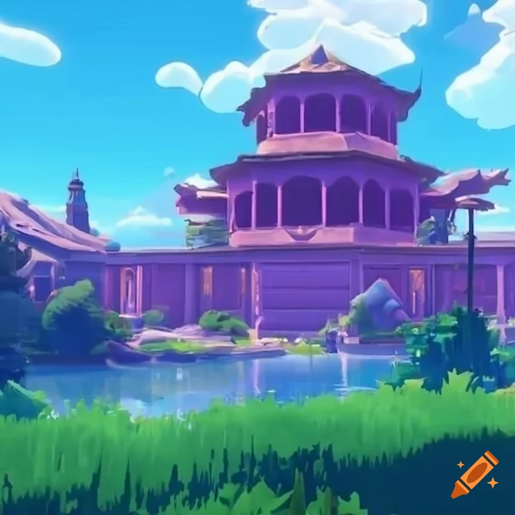 Genshin impact style artwork of a purple city with a palace