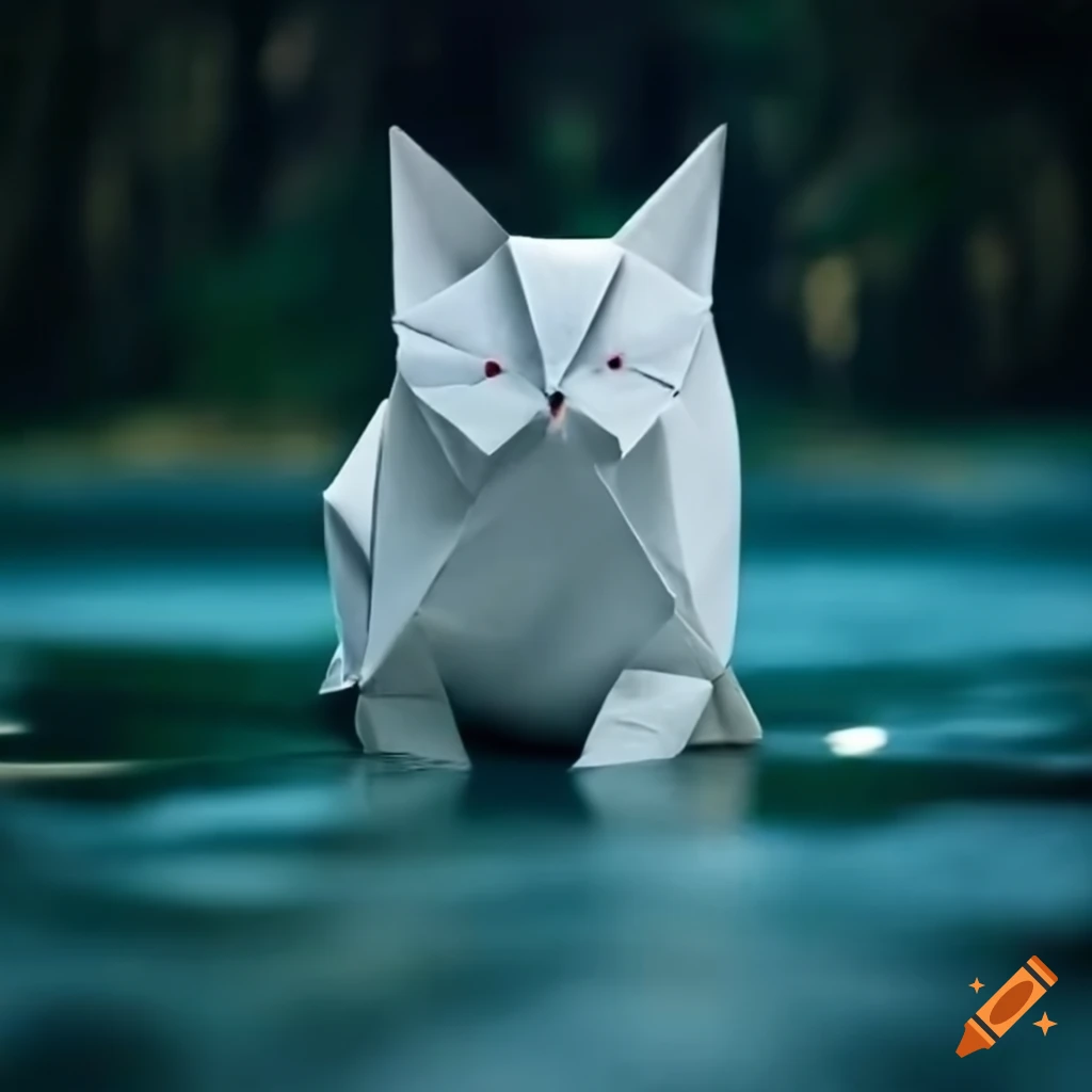 origami cat in front of river