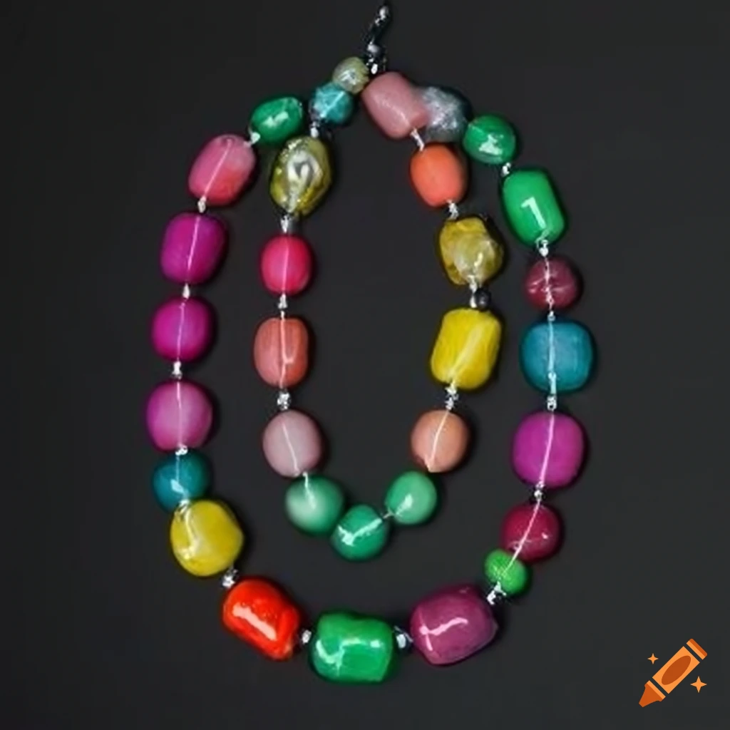 Product photo of three colorful necklaces with mixed bead designs
