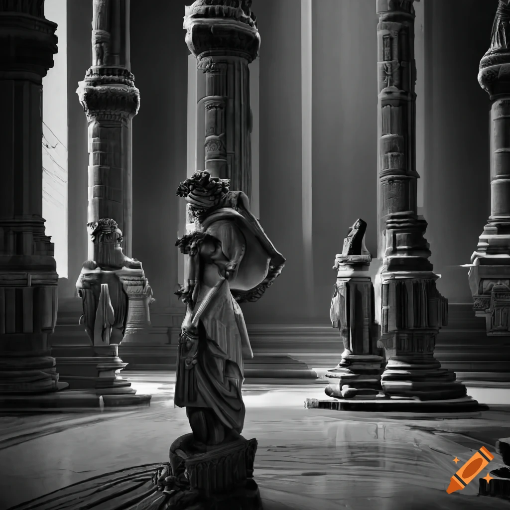 black and white sci-fi temple interior with guard statues