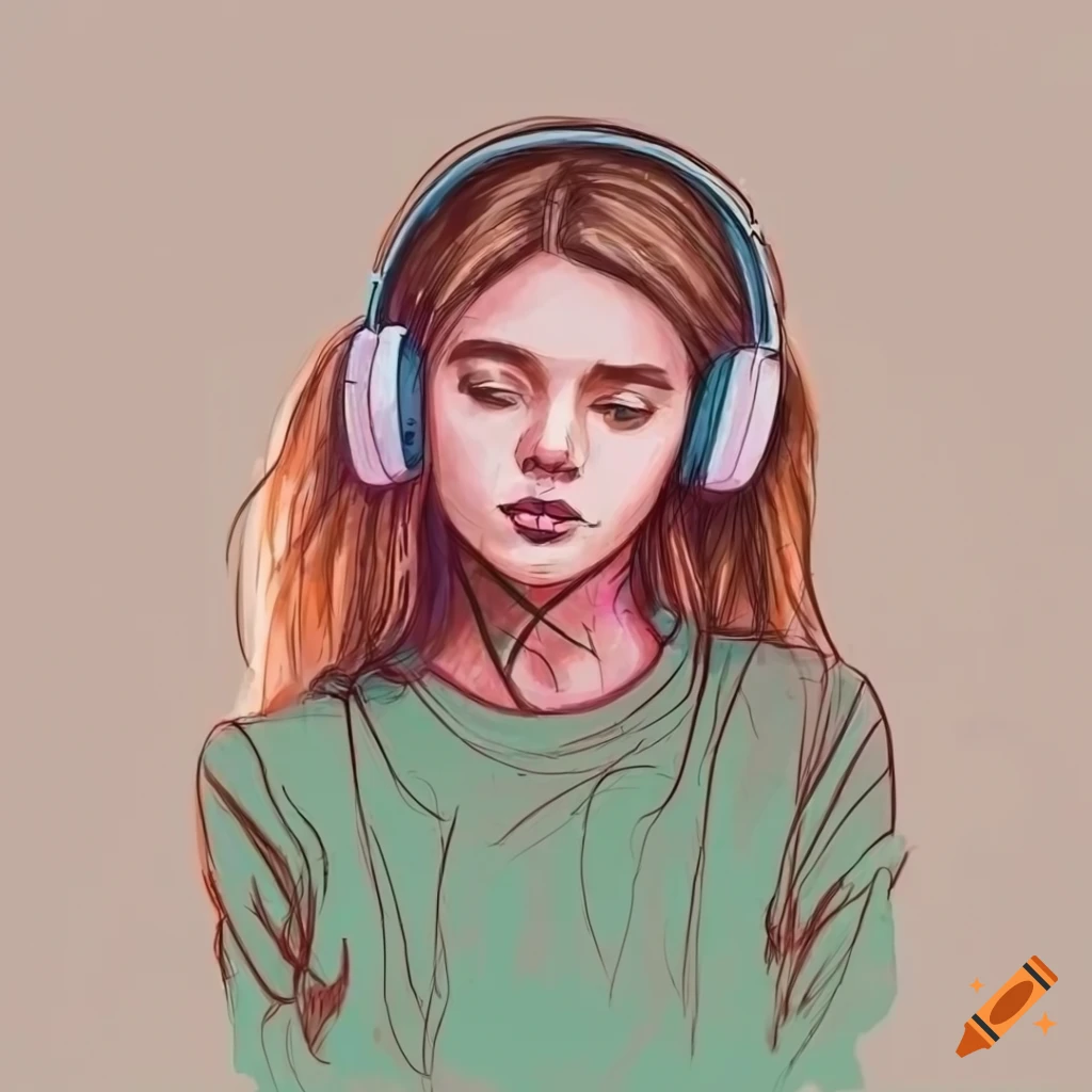 Sketch of a girl with headphones on Craiyon