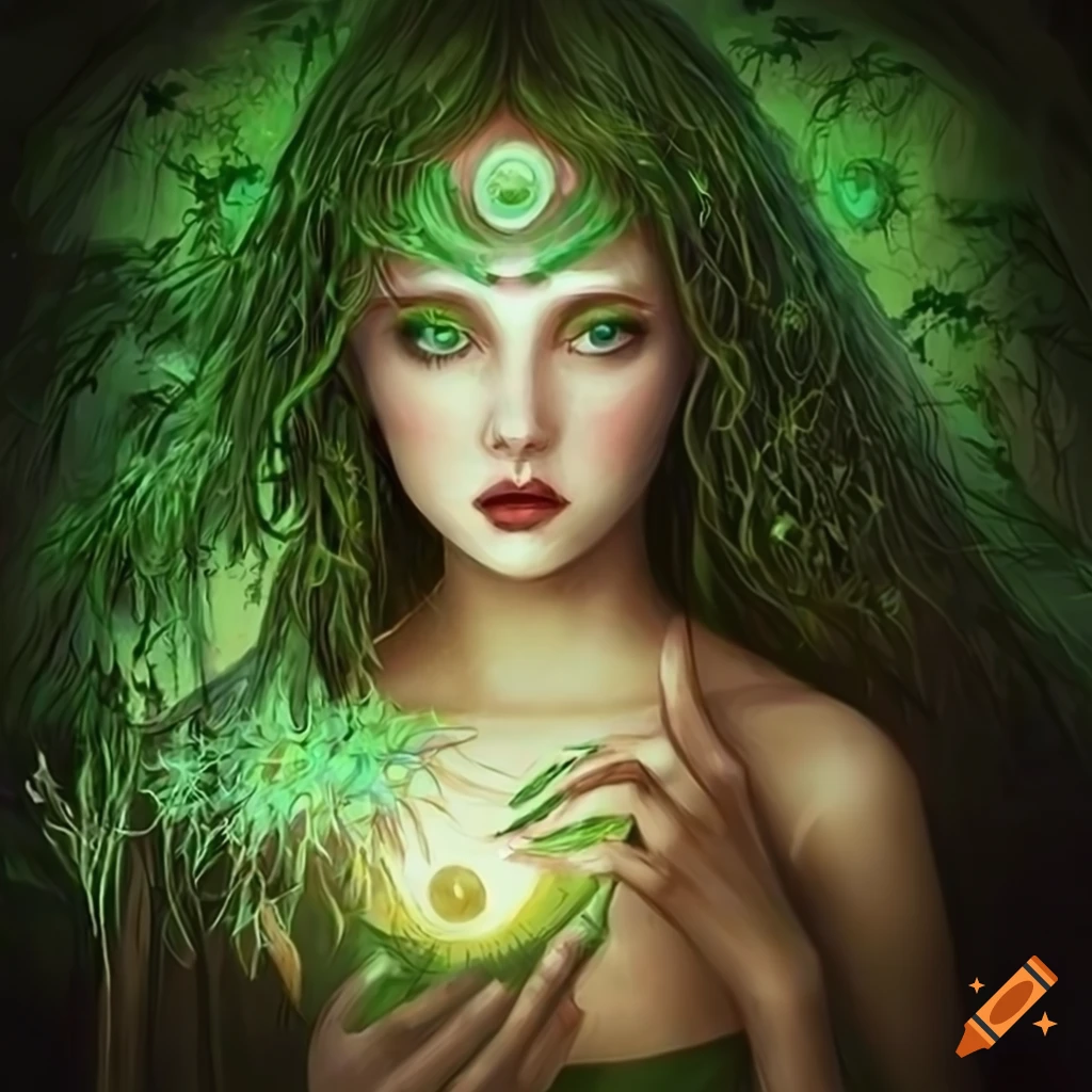  Illustration of a young witch with green eyes on Craiyon