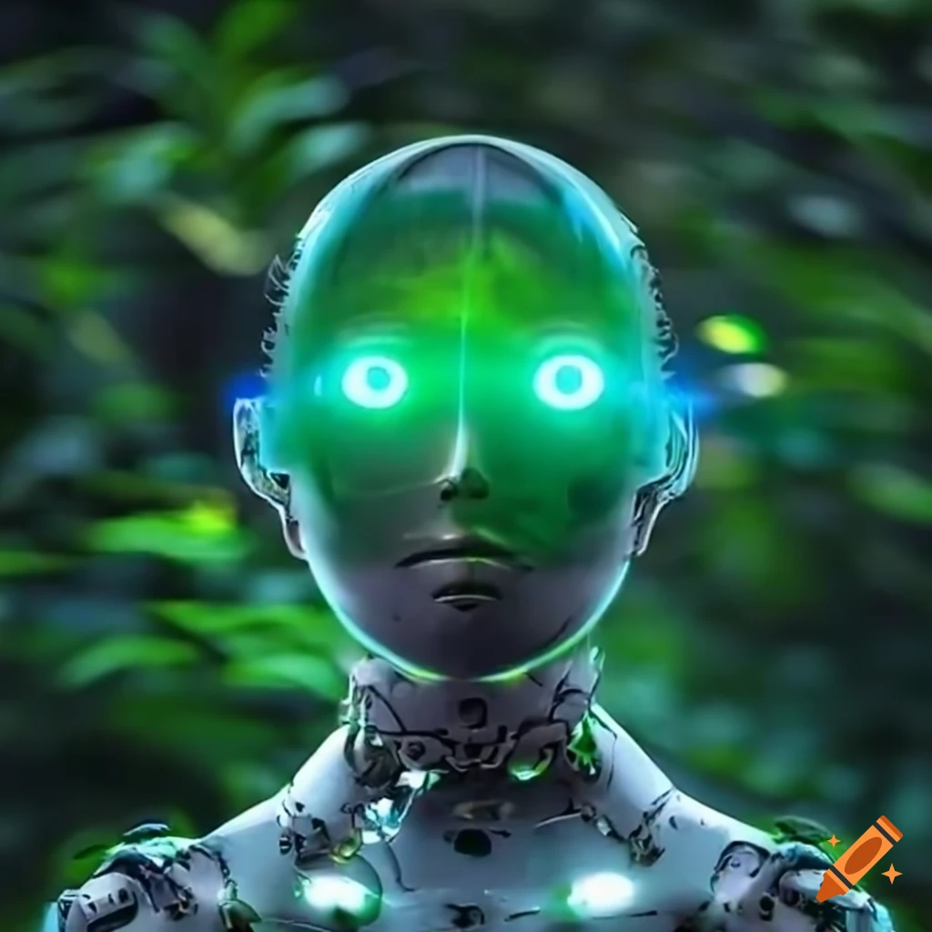 Scifi robot with green laser eyes in a tropical forest