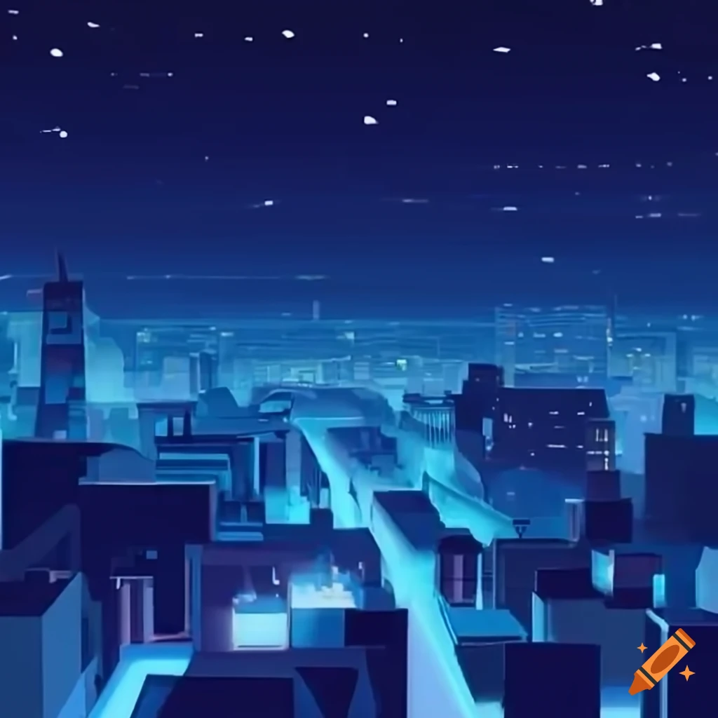 Futuristic cityscape with flying cars and blue lighting