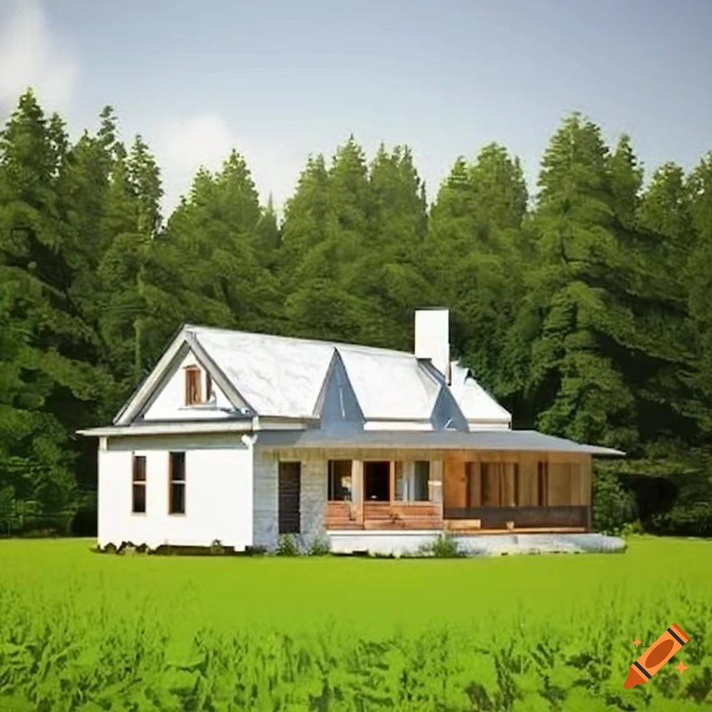 contemporary farmhouse in a beautiful grass field with a mountain backdrop