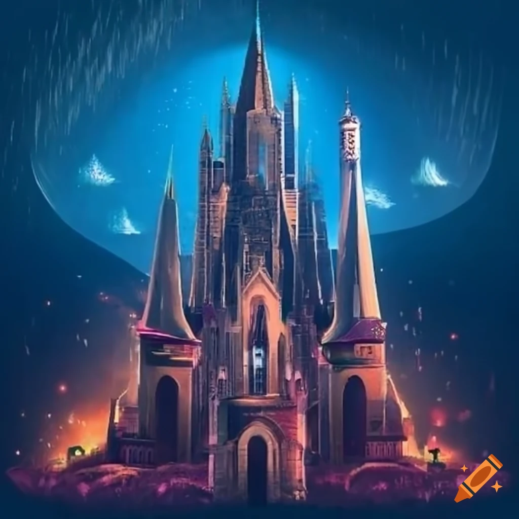 City with towering spires and rain-soaked mountains on Craiyon