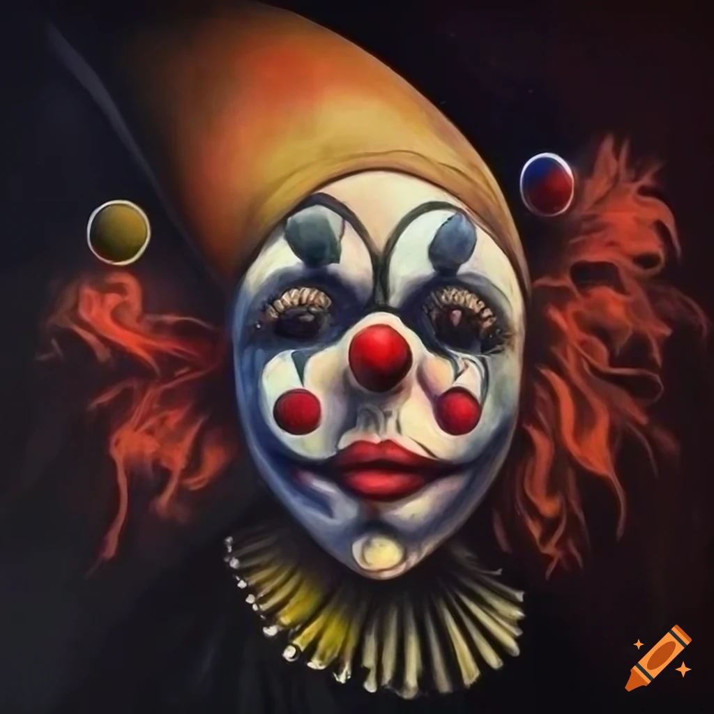 surrealist painting of dark and morbid circus clowns on stage