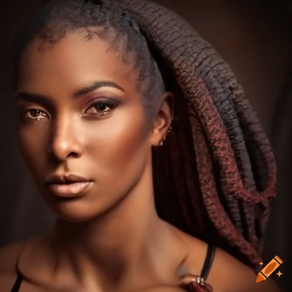 Young woman with dark black skin and red braids and red eyebrows and green  eyes on Craiyon