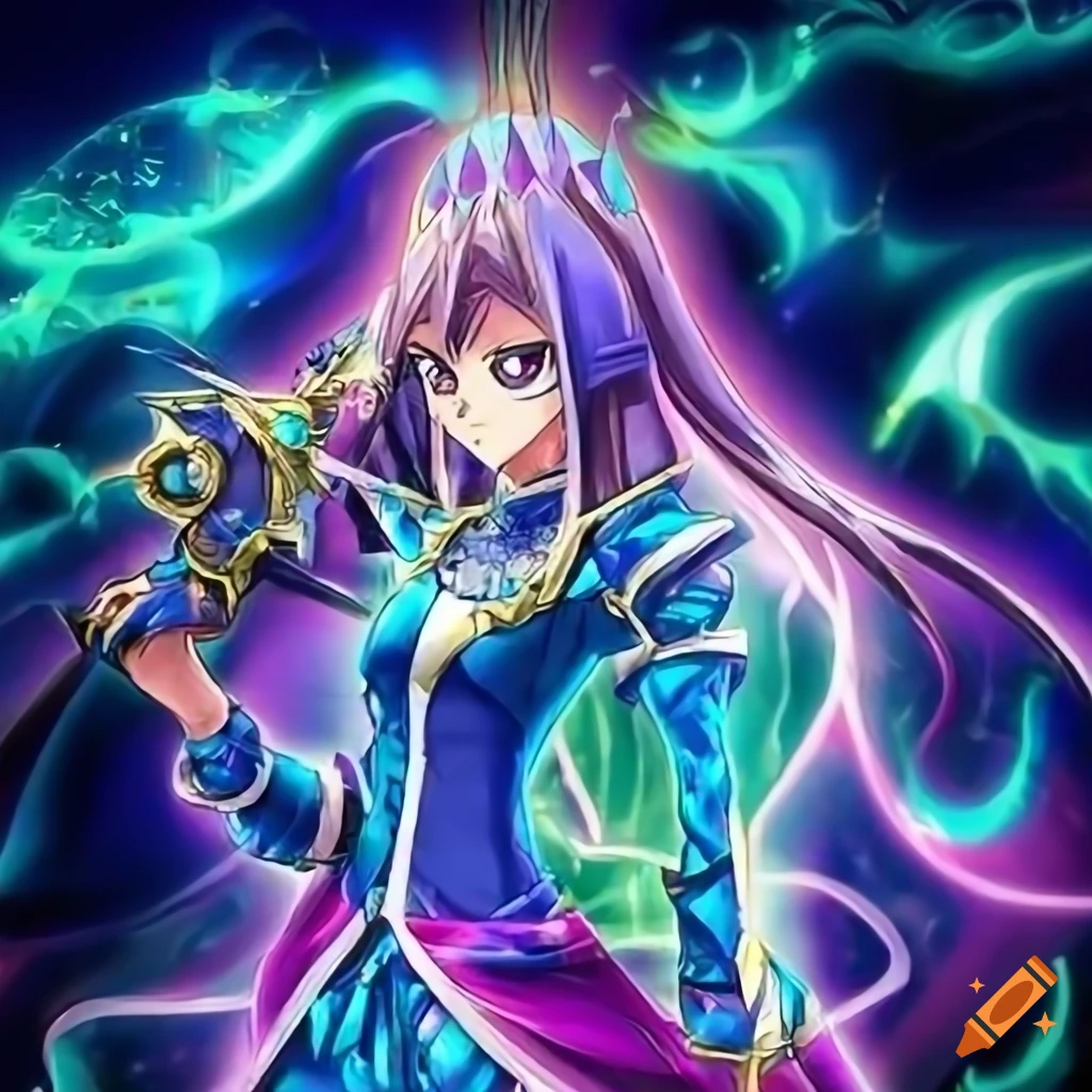 Detailed yugioh artwork with magical staff and golden lines on Craiyon
